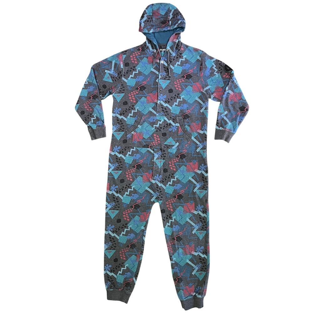 Kavu One Der Suit Men Medium Blue Geometric Onesie One Piece Pajama Hoodie Sleep